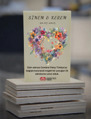 Ahşap Nikah Magneti - Çiçekli Kalp Buketi