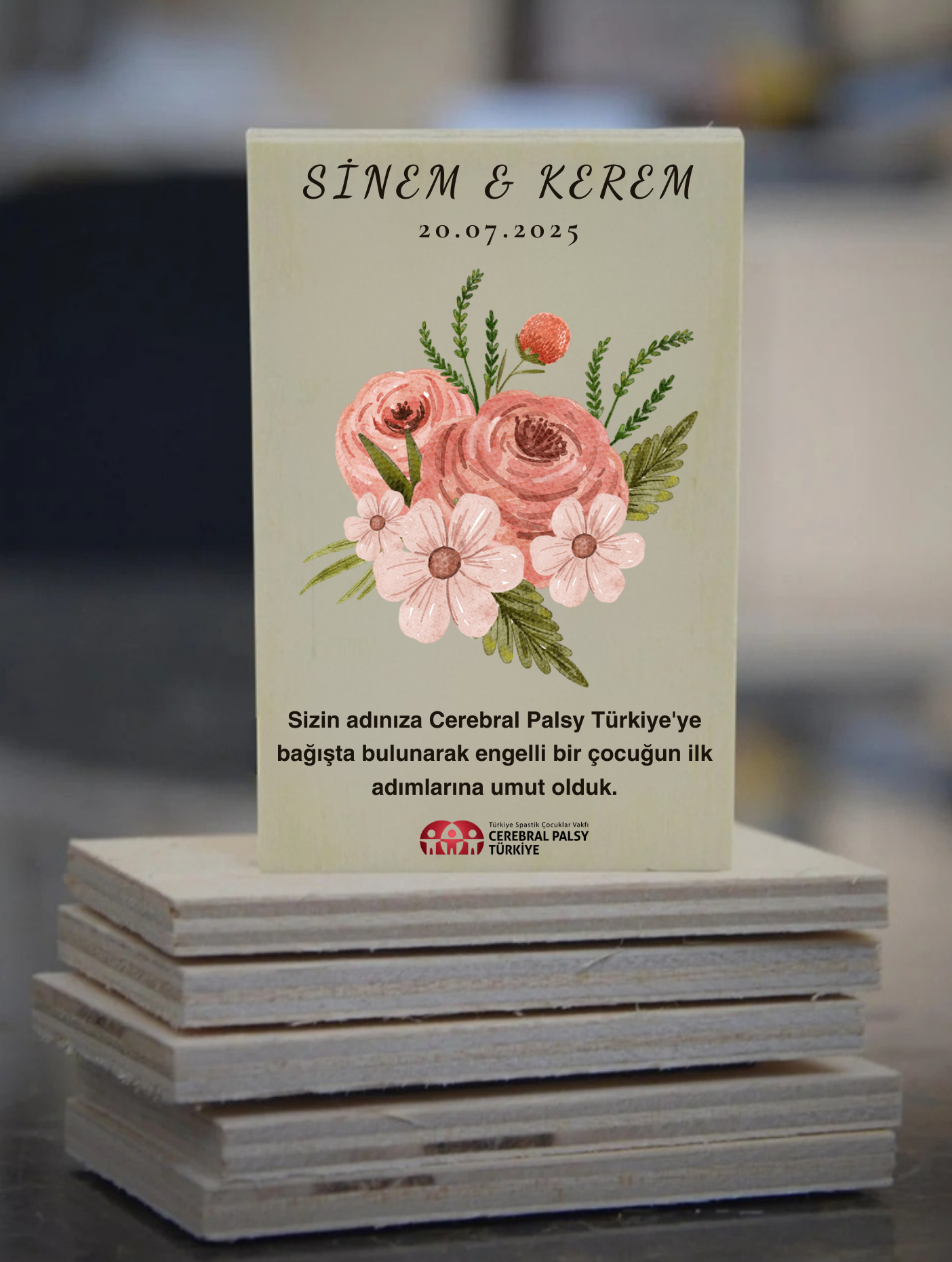 Ahşap Nikah Magneti - Turuncu Çiçek Buketi